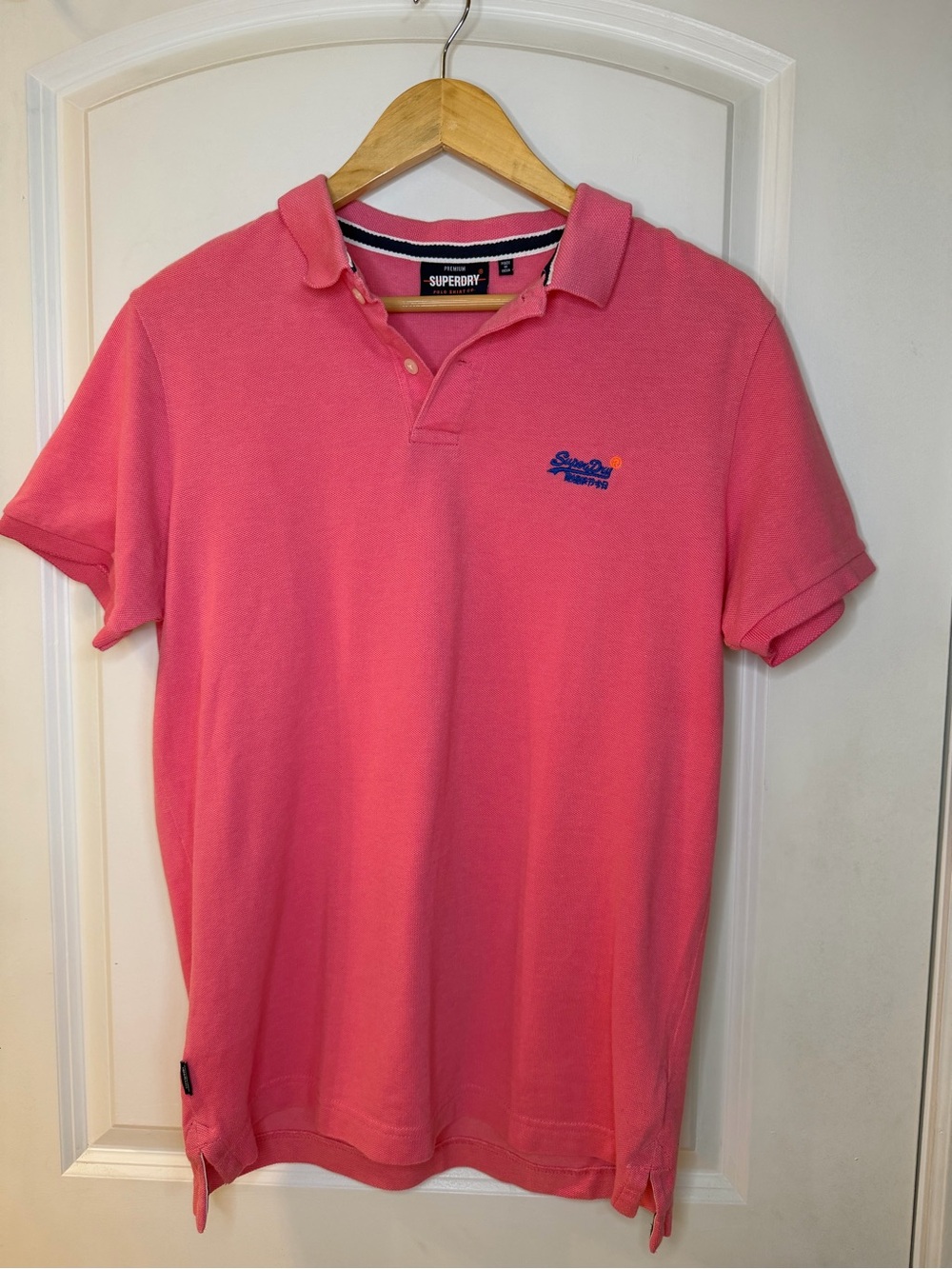Superdry Men's Coral Pink Polo Shirt with Blue Logo size L